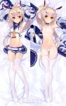  1girl :o arms_up ayanami_(azur_lane) azur_lane bangs bare_shoulders belt blue_skirt blush breasts censored choker crop_top dakimakura detached_sleeves eyebrows_visible_through_hair full_body groin hair_between_eyes hair_ornament headgear heart heart_censor high_ponytail long_hair looking_at_viewer miniskirt multiple_views navel partially_undressed pleated_skirt ponytail red_eyes sailor_collar school_uniform serafuku shirokitsune shirt sidelocks skindentation skirt smile solo stomach thighhighs white_legwear 