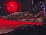  crater kldpxl molten_rock mountain no_humans original pixel_art red_sun scenery sky smog space star_(sky) starry_sky volcano 