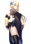  1girl bangs bare_shoulders black_bow black_dress black_legwear blonde_hair blue_eyes blue_flower blush bow braid breasts closed_mouth commentary_request dress eyebrows_visible_through_hair fate/grand_order fate_(series) flower hair_between_eyes hair_bow hair_flower hair_ornament heroic_spirit_formal_dress highres jeanne_d&#039;arc_(fate) jeanne_d&#039;arc_(fate)_(all) long_hair medium_breasts ririko_(zhuoyandesailaer) see-through side_slit simple_background smile solo thighhighs very_long_hair white_background white_flower 
