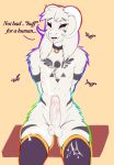  absurd_res anthro asriel_dreemurr balls bodily_fluids boss_monster bovid caprine cum fur generaldegeneracy genital_fluids girly hi_res lipstick long_ears makeup male mammal penis solo text undertale video_games white_fur 