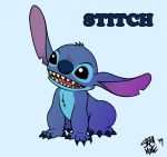  2019 4_fingers 4_toes alien all_fours black_eyes blue_background blue_claws blue_fur blue_nose character_name chest_tuft claws digital_media_(artwork) disney english_text experiment_(lilo_and_stitch) fingers fur head_tuft lilo_and_stitch notched_ear open_mouth open_smile reflex76 signature simple_background smile solo stitch_(lilo_and_stitch) text toe_claws toes tuft 