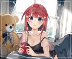  1girl ahoge bangs bare_arms bare_shoulders black_camisole blue_eyes blush camisole cellphone curtains eyebrows_visible_through_hair go-toubun_no_hanayome hair_ornament highres holding holding_cellphone holding_phone indoors long_hair looking_at_viewer lying nakano_itsuki niii_(memstapak) on_stomach parted_lips phone pillow red_hair solo star star_hair_ornament strap_slip stuffed_animal stuffed_toy teddy_bear under_covers window 
