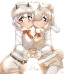  2girls alpaca_ears alpaca_huacaya_(kemono_friends) alpaca_suri_(kemono_friends) alpaca_tail animal_ears arm_around_waist artist_logo bangs bell belt blonde_hair blue_eyes bow bowtie breast_pocket breast_press breasts character_name closed_mouth commentary_request cowboy_shot dated ears_through_headwear eyebrows_visible_through_hair fur-trimmed_sleeves fur_collar fur_scarf fur_trim furrowed_eyebrows grey_hair hair_bun hair_over_one_eye hand_on_another&#039;s_back hat highres holding_hands horizontal_pupils interlocked_fingers kemono_friends leaning_forward legwear_under_shorts lips long_sleeves looking_at_viewer medium_hair multiple_girls neck_ribbon pantyhose parted_bangs pocket purple_eyes ribbon scarf shirt short_hair shorts sidelocks simple_background smile sweater_vest symmetrical_docking tail thin_(suzuneya) white_background white_shirt 