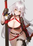  1girl absurdres ahoge bangs belt bikini black_bikini black_gloves black_jacket blush breasts choker cleavage closed_mouth commentary_request cropped_jacket fate/grand_order fate_(series) gatling033 gloves hair_between_eyes highres jacket jeanne_d&#039;arc_(alter_swimsuit_berserker) jeanne_d&#039;arc_(fate)_(all) katana large_breasts long_hair looking_at_viewer navel o-ring red_legwear sheath shrug_(clothing) silver_hair simple_background single_thighhigh solo swimsuit sword thigh_strap thighhighs thighs very_long_hair weapon white_background yellow_eyes 