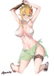  1girl absurdres armpits arms_up artist_name bikini blonde_hair blush byakko_(b7akko) choker elf eyebrows_visible_through_hair flower flying_sweatdrops folded_ponytail front-tie_bikini front-tie_top full_body furrowed_eyebrows green_eyes hair_flower hair_ornament halterneck head_tilt hibiscus highres jewelry kneeling looking_at_viewer nose_blush open_mouth original pointy_ears sandals sarong see-through signature simple_background single_earring solo swimsuit white_background white_bikini 
