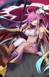  1girl angel_wings artist_name black_wings breasts commentary crop_top cross english_commentary evil_smile feathered_wings gradient_hair hair_between_eyes halo highres holding holding_scythe holding_weapon jibril_(no_game_no_life) k-rumi large_breasts long_hair looking_at_viewer low_wings magic_circle midriff mismatched_legwear multicolored_hair navel no_game_no_life open_mouth pink_hair scythe sideboob sitting smile solo symbol-shaped_pupils tattoo very_long_hair weapon wing_ears wings 