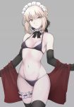  1girl artoria_pendragon_(all) artoria_pendragon_(swimsuit_rider_alter) bare_shoulders bikini black_bikini black_bow black_gloves black_legwear blonde_hair bow braid breasts choker closed_mouth cowboy_shot elbow_gloves fate/grand_order fate_(series) frilled_choker frills frown gloves grey_background groin hair_bow halter_top halterneck leg_garter looking_at_viewer maid_headdress mobu navel short_hair simple_background small_breasts solo standing swimsuit thighhighs v-shaped_eyebrows yellow_eyes 