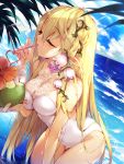  1girl absurdres bangs bent_over blonde_hair blush breasts cleavage closed_eyes cloud coconut drinking drinking_straw elf flower gemini_seed hair_flower hair_ornament hands highres large_breasts leaf long_hair ocean one-piece_swimsuit pointy_ears satsuki_misuzu sky solo_focus swimsuit very_long_hair 