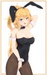  1girl animal_ears bare_shoulders black_bow blonde_hair blue_eyes blush bow bowtie breasts bunny_ears bunnysuit cleavage commentary_request darkness_(konosuba) detached_collar fake_animal_ears framed hair_ornament hand_behind_head highres kono_subarashii_sekai_ni_shukufuku_wo! large_breasts long_hair looking_at_viewer open_mouth pantyhose ponytail simple_background solo soveno white_background wrist_cuffs x_hair_ornament 