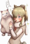  +_+ 1girl absurdres alpaca_ears alpaca_suri_(kemono_friends) alpaca_tail animal_ears blue_eyes blush cheesetaraumai commentary_request extra_ears eyebrows_visible_through_hair fluffy fur_collar fur_trim hair_bun hair_over_one_eye hair_tie hair_tubes highres holding holding_stuffed_animal kemono_friends long_sleeves neck_ribbon ribbon short_hair short_sleeves solo star stuffed_alpaca stuffed_animal stuffed_toy tail white_hair 