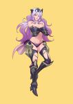  1girl absurdres annoyed armor breasts broken_armor camilla_(fire_emblem) cirenk covering covering_breasts elbow_gloves fire_emblem fire_emblem_fates full_body gloves greaves hair_over_one_eye high_heels highres large_breasts long_hair looking_at_viewer navel panties purple_gloves purple_hair solo stomach tiara topless torn_clothes torn_legwear underwear very_long_hair wavy_hair yellow_background 