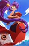  2019 blue_eyes breasts building capcom clothing cloud ear_piercing ear_ring female genie hair house humanoid humanoid_pointy_ears kojiro-brushard long_hair macro not_furry partially_submerged piercing ponytail purple_hair shantae shantae_(series) solo url video_games water wayforward wet 