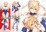  1girl absurdres ahoge areolae artoria_pendragon_(all) artoria_pendragon_(lancer) ass bangs blonde_hair blue_legwear blue_leotard blush braid breasts cape cape_removed cleavage closed_mouth covered_navel cowboy_shot crown dakimakura eyebrows_visible_through_hair fate/grand_order fate_(series) french_braid fur-trimmed_cape fur_trim greaves green_eyes hair_between_eyes highleg highleg_leotard highres large_breasts leotard leotard_tug long_hair looking_at_viewer lying marushin_(denwa0214) multiple_views nipples on_back open_mouth sidelocks single_thighhigh skindentation solo suggestive_fluid sweat swept_bangs thighhighs torn_clothes torn_leotard 