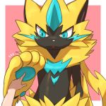  animal_ears blue_eyes border cat_ears cat_tail commentary_request furry hand_up jpeg_artifacts legendary_pokemon makotou open_mouth pawpads paws pink_background pokemon pokemon_(creature) poking pov simple_background solo_focus tail upper_body whiskers white_border zeraora 