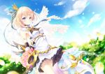  1girl arms_behind_back blonde_hair blue_sky blurry bouquet character_request cloud cloudy_sky commentary_request crown depth_of_field earrings flower jewelry looking_away mini_crown mocha_(naturefour) petals purple_eyes rose shironeko_project short_hair sky smile solo veil 