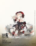  1girl ankle_boots bangs beret black_gloves black_legwear blonde_hair blue_eyes blush boots braid character_name cloak closed_mouth collared_dress dress explosion expressionless fingerless_gloves floating_hair full_body girls_frontline gloves gun h&amp;k_mp5 hat heckler_&amp;_koch highres holding holding_gun holding_weapon holster logo long_hair looking_at_viewer mod3_(girls_frontline) mp5_(girls_frontline) necktie off_shoulder official_art one_eye_closed one_knee outstretched_arm pantyhose ribbon saru serious sidelocks sleeveless sleeveless_dress solo submachine_gun thigh_holster thigh_strap torn_clothes trigger_discipline weapon white_hair wind wiping_face 