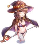  1girl :o absurdres bandages bangs bikini blush bow_bikini breasts brown_cape brown_eyes brown_hair brown_headwear cape choker collared_cape commentary full_body hat highres holding holding_staff kono_subarashii_sekai_ni_shukufuku_wo! leg_strap looking_at_viewer megumin one_eye_closed open_mouth purple_bikini revision sidelocks simple_background small_breasts solo staff standing standing_on_one_leg sunhyun swimsuit white_background witch_hat 