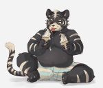  2019 anthro black_fur blush bodily_fluids bottomwear clothing dessert felid food fur humanoid_hands ice_cream male mammal one_eye_closed overweight overweight_male pantherine salga_0310 shorts simple_background sitting solo sweat tiger tongue tongue_out white_background white_fur wink 