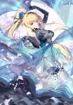  1girl bangs bare_shoulders blonde_hair blue_dress blue_eyes blue_flower blue_gloves blue_rose blush breasts commentary_request craft_essence dress elbow_gloves eyebrows_visible_through_hair fate/apocrypha fate_(series) floating_hair flower gloves holding jeanne_d&#039;arc_(fate) jeanne_d&#039;arc_(fate)_(all) jewelry kousaki_rui large_breasts layered_dress long_hair looking_at_viewer necklace ponytail rose see-through shawl sleeveless sleeveless_dress smile solo tiara very_long_hair wind 