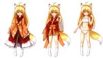  ahoge amber_eyes animal_humanoid blonde_hair bow_tie breasts canid canid_humanoid canine canine_humanoid clothed clothing female fluffy fluffy_tail fox_humanoid fur hair horokusa0519 humanoid inner_ear_fluff legwear looking_at_viewer mammal mammal_humanoid model_sheet open_mouth simple_background small_breasts socks solo underwear white_background white_fur yellow_fur young 