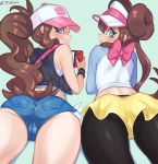  2girls ass blue_eyes brown_hair denim denim_shorts double_bun frilled_shorts frills game_console handheld_game_console hat jtveemo light_blush looking_at_viewer lying mei_(pokemon) multiple_girls nintendo_switch on_stomach panties panties_under_pantyhose panty_peek pantyhose pokemon pokemon_(game) pokemon_bw pokemon_bw2 ponytail shorts simple_background sleeveless smile thigh_gap touko_(pokemon) twintails underwear visor_cap yellow_shorts 