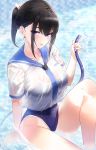  1girl black_hair blue_sailor_collar blue_swimsuit collarbone fang highres holding hose kfr knee_up long_hair looking_at_viewer necktie one-piece_swimsuit original ponytail purple_eyes sailor_collar sailor_shirt school_swimsuit see-through shirt short_sleeves sitting smile solo swimsuit thighs water wet wet_clothes wet_shirt white_shirt 