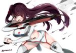  1girl absurdres blurry blush bullpup byakko_(b7akko) depth_of_field floating_hair garter_straps german_flag girls_frontline gun highres holding holding_gun holding_weapon long_hair looking_at_viewer navel open_mouth purple_hair red_eyes rifle side_ponytail smoke sniper_rifle solo suzuki thighhighs v-shaped_eyebrows very_long_hair wa2000_(girls_frontline) walther walther_wa_2000 weapon white_legwear 