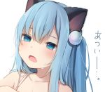  1girl amashiro_natsuki animal_ears bangs bare_shoulders blue_eyes blue_hair blush cat_ears collarbone commentary_request eyebrows_visible_through_hair hair_between_eyes hair_ornament long_hair looking_at_viewer one_side_up open_mouth original simple_background solo sweat translation_request upper_body white_background 