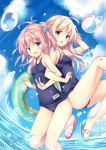  2girls :d ahoge arm_up ass ball bare_arms bare_shoulders beachball blonde_hair blue_eyes blue_sky blue_swimsuit breasts cloud cloudy_sky commentary_request condensation_trail covered_navel day hair_bobbles hair_ornament highres innertube knee_up locked_arms long_hair looking_at_viewer multiple_girls name_tag one-piece_swimsuit one_side_up open_mouth original outdoors petals pink_hair purple_eyes ryo school_swimsuit sky slippers small_breasts smile swimsuit thighs v water wet 