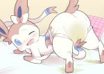  2017 all_fours ambiguous_gender bed blue_sclera blush bodily_fluids bow_tie breath cute_fangs diaper eeveelution feral fur genital_fluids hindpaw leaking leaking_diaper looking_back nintendo one_eye_closed open_mouth paws pillow pink_fur pok&eacute;mon pok&eacute;mon_(species) shaking solo sylveon tears urine video_games wadorigi wet_diaper wetting white_fur 