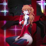  1girl artist_name banned_artist between_legs blue_eyes bodysuit brown_hair earrings eva_02 from_side hand_between_legs highres jewelry long_hair looking_at_viewer neon_genesis_evangelion patreon_username paul_kwon ponytail solo souryuu_asuka_langley spread_lips thighs watermark web_address 