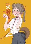  animal_ears brown_eyes brown_hair collar collared_shirt dog_ears dog_girl dog_tail extra_ears heart heart-shaped_pupils leash looking_at_viewer open_mouth orange_background original paw_pose pleated_skirt ponytail ranyues school_uniform shirt simple_background skirt smile symbol-shaped_pupils tail white_shirt 