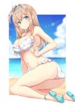  1girl ass beach bikini blonde_hair blue_eyes blush breasts bunny_hair_ornament cleavage cloud collarbone commentary_request frilled_bikini frills girls_frontline hair_ornament hairband highres large_breasts long_hair looking_at_viewer navel open_mouth sandals sky solo sparkle suomi_kp31_(girls_frontline) swimsuit water white_background white_bikini yuzu-aki 