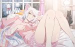  1girl animal animal_ears artist_request black_hanekawa breasts cat cat_ears closed_mouth hanekawa_tsubasa indoors large_breasts long_hair looking_at_viewer lying monogatari_(series) official_art on_back on_bed paw_pose pillow rain slit_pupils smile solo source_request teruterubouzu very_long_hair white_hair yellow_eyes 