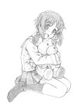  1girl bandages bangs bbb_(friskuser) blouse boko_(girls_und_panzer) eyebrows_visible_through_hair full_body girls_und_panzer graphite_(medium) greyscale holding holding_stuffed_animal long_hair long_sleeves looking_at_viewer miniskirt monochrome neckerchief nishizumi_miho no_shoes ooarai_school_uniform open_mouth pleated_skirt school_uniform serafuku short_hair sitting skirt smile socks stuffed_animal stuffed_toy teddy_bear traditional_media wariza 