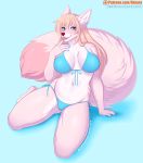  2019 anthro bikini blue_eyes breasts canid canine clothed clothing female fur hair kitsunewaffles-chan kneeling long_hair looking_at_viewer mammal open_mouth pink_fur signature smile solo swimwear url 