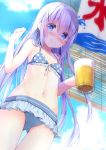  1girl :q alcohol ass_visible_through_thighs bangs bare_arms bare_shoulders beer beer_mug bikini blue_bikini blue_eyes blue_sky blush breasts closed_mouth cloud cloudy_sky collarbone commentary_request cup day eyebrows_visible_through_hair foam gochuumon_wa_usagi_desu_ka? hair_between_eyes hands_up highres holding holding_cup kafuu_chino kooribata kouda_suzu long_hair looking_at_viewer outdoors polka_dot polka_dot_bikini_top purple_hair sky small_breasts smile solo swimsuit thigh_gap tongue tongue_out very_long_hair 