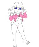  2019 anthro blue_eyes bottomless bovid breasts caprine clothed clothing cub digital_media_(artwork) double_v_sign female fluffy fur gesture hair hi_res hoodie looking_at_viewer mammal meme pink_clothing pink_sweater pink_topwear pussy raveneevee sheep smile solo sweater topwear twitter_hoodie v_sign white_fur young 