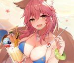  animal_ears bikini blush breast_hold breasts cleavage close cropped fang fate/grand_order fate_(series) food foxgirl fruit ice_cream long_hair muryou necklace orange_eyes pink_hair pocky strawberry swimsuit tail tamamo_no_mae_(fate) waifu2x wristwear 