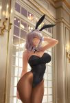  1girl animal_ears bangs bare_shoulders black_leotard breasts brown_legwear bunny_ears candle cleavage covered_navel damegane dark_skin detached_collar grey_hair hair_between_eyes hand_in_hair highleg highleg_leotard highres large_breasts leotard long_hair looking_at_viewer original pantyhose parted_lips smile solo thighs window wrist_cuffs yellow_eyes 