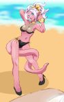  android_18 android_21 beach blue_eyes breasts cleavage commentary_request dragon_ball dragon_ball_fighterz graphite_(medium) long_hair looking_at_viewer millipen_(medium) multiple_girls nail_polish navel ocean onnaski pink_skin pointy_ears smile swimsuit tail thighs traditional_media 