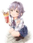  1girl :3 bangs blue_skirt brown_eyes brown_footwear closed_mouth crepe dessert eyebrows_visible_through_hair food food_wrapper fruit full_body grey_hair hair_flaps hair_intakes hair_ornament holding holding_food holding_spoon ice_cream idolmaster idolmaster_cinderella_girls koshimizu_sachiko loafers long_sleeves looking_at_viewer purple_neckwear shiny shiny_hair shirt shoes short_hair sidelocks skirt solo spoon squatting strawberry tareme wafer_stick white_background white_shirt yukie_(kusaka_shi) 