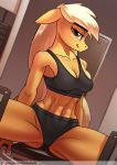 2019 abs anthro anthrofied applejack_(mlp) bedroom_eyes blonde_hair blush breasts chrysalisdraws cleavage clothed clothing dutch_angle equid equine female freckles friendship_is_magic green_eyes gym hair half-closed_eyes hi_res horse low-angle_view mammal muscuar_female my_little_pony panties partially_clothed pony seductive sitting solo underwear worm&#039;s-eye_view 