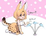  1girl afterimage animal_ears bare_shoulders blonde_hair boots bow bowtie cat_teaser commentary_request elbow_gloves eyebrows_visible_through_hair gloves high-waist_skirt kemono_friends kemono_friends_pavilion kneeling playground_equipment_(kemono_friends_pavilion) print_gloves print_legwear print_neckwear print_skirt ransusan serval_(kemono_friends) serval_ears serval_print serval_tail short_hair skirt sleeveless solo tail thighhighs translation_request yellow_eyes 