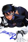  1girl absurdres adjusting_eyewear artist_name ass bayonetta bayonetta_(character) bayonetta_2 black_hair blue_eyes blush bodysuit breasts earrings elbow_gloves eyelashes eyeliner eyeshadow glasses gloves highres jewelry large_breasts lips lipstick looking_at_viewer lying makeup mole mole_under_mouth on_stomach one_eye_closed short_hair simple_background smile solo talez01 