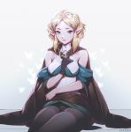  1girl banned_artist bare_shoulders between_breasts blonde_hair blue_eyes braid breasts cape french_braid hand_between_breasts highres medium_breasts paul_kwon pointy_ears princess_zelda short_hair skindentation solo the_legend_of_zelda the_legend_of_zelda:_breath_of_the_wild thighs upskirt watermark web_address 