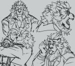  anthro blush clothing eyes_closed eyewear felid front_view ghangaji glasses hi_res hug human kemono lion looking_at_viewer male male/male mammal mane multiple_angles multiple_poses open_mouth pantherine pose side_view sketch_page smile snow_(tas) solo suit text tokyo_afterschool_summoners tongue tongue_out video_games 