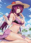  1girl alternate_costume bangs beach bikini black_ribbon blue_sky breasts choker cleavage collarbone fate/grand_order fate_(series) finger_licking food hair_between_eyes hair_ribbon haoni hat large_breasts leg_garter licking navel necktie offering outdoors palm_tree popsicle purple_hair red_eyes ribbon sand scathach_(fate)_(all) scathach_skadi_(fate/grand_order) see-through shrug_(clothing) sitting sky solo sun_hat swimsuit tree wariza 