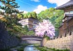  blue_sky bridge building canal cherry_blossoms cloud cloudy_sky condensation_trail day fence grass highres house japan leaf leaves_in_wind light_rays niko_p no_humans original outdoors petals rock scenery sky sunbeam sunlight tile_roof tree water 