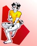  anthro blush bottomless canid canine canis caught clothed clothing covering covering_self crossed_legs dalmatian dogbert domestic_dog dressing fisis male mammal nervous pawpads purple_pawpads shirt_pull solo 